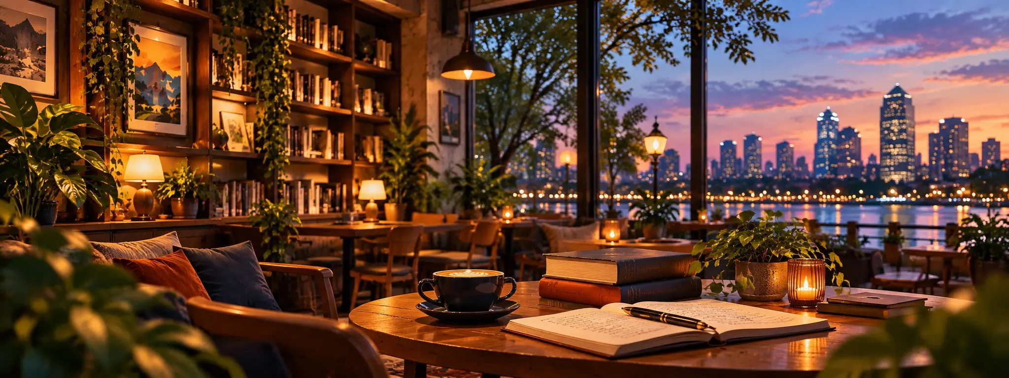 A café table with coffee, books and an open notebook, looking out on a city skyline at sunset