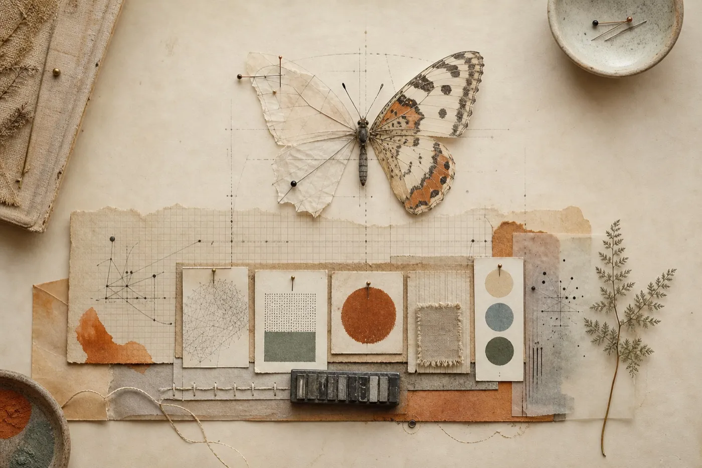 An unfinished butterfly above a layered foundation of grid paper, colour samples, type blocks and pinned material studies