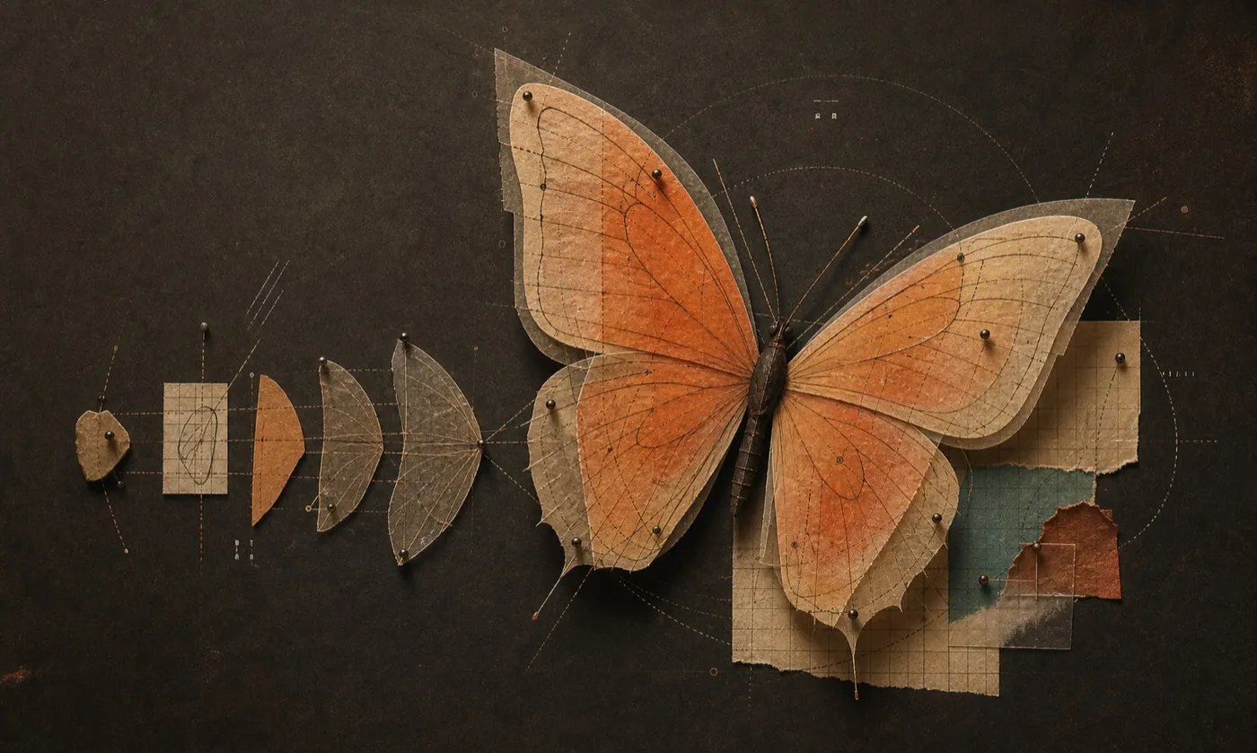 A clay-orange paper butterfly assembled from pinned layers, grids and construction marks on a dark field-study board