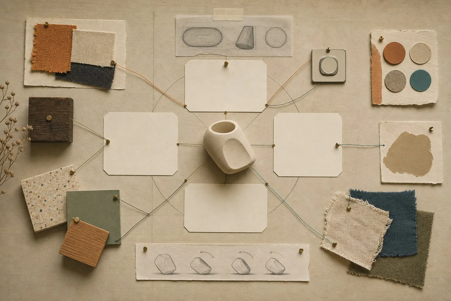 A tactile design workbench with four blank cards connected to an unfinished product form and material samples