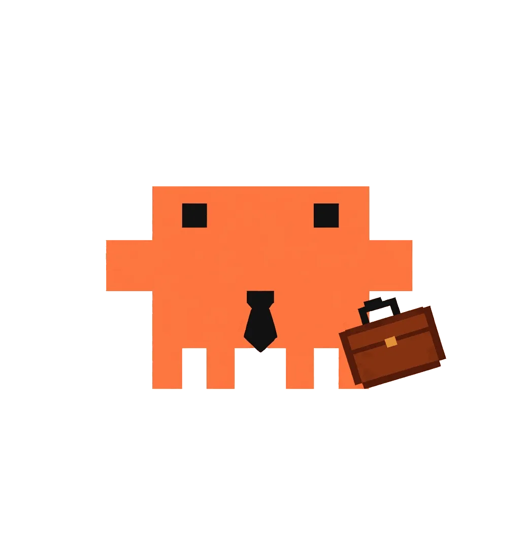 An orange pixel character wearing a tie and carrying a briefcase