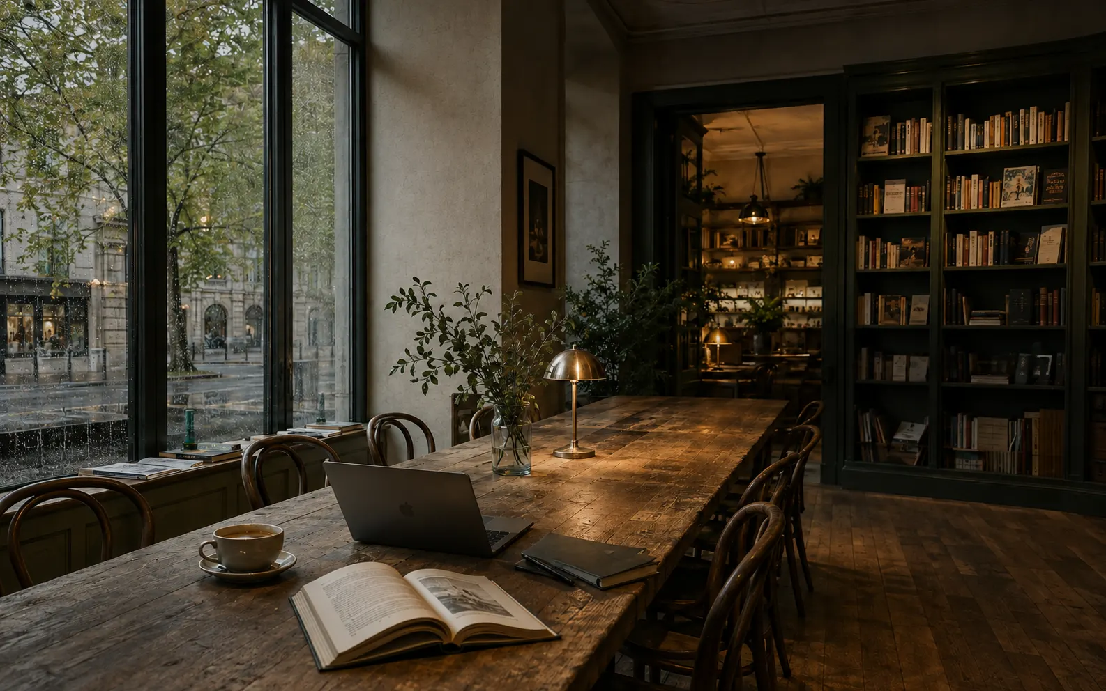 An oak reading table, books and a lamp beside tall windows in a quiet green café.