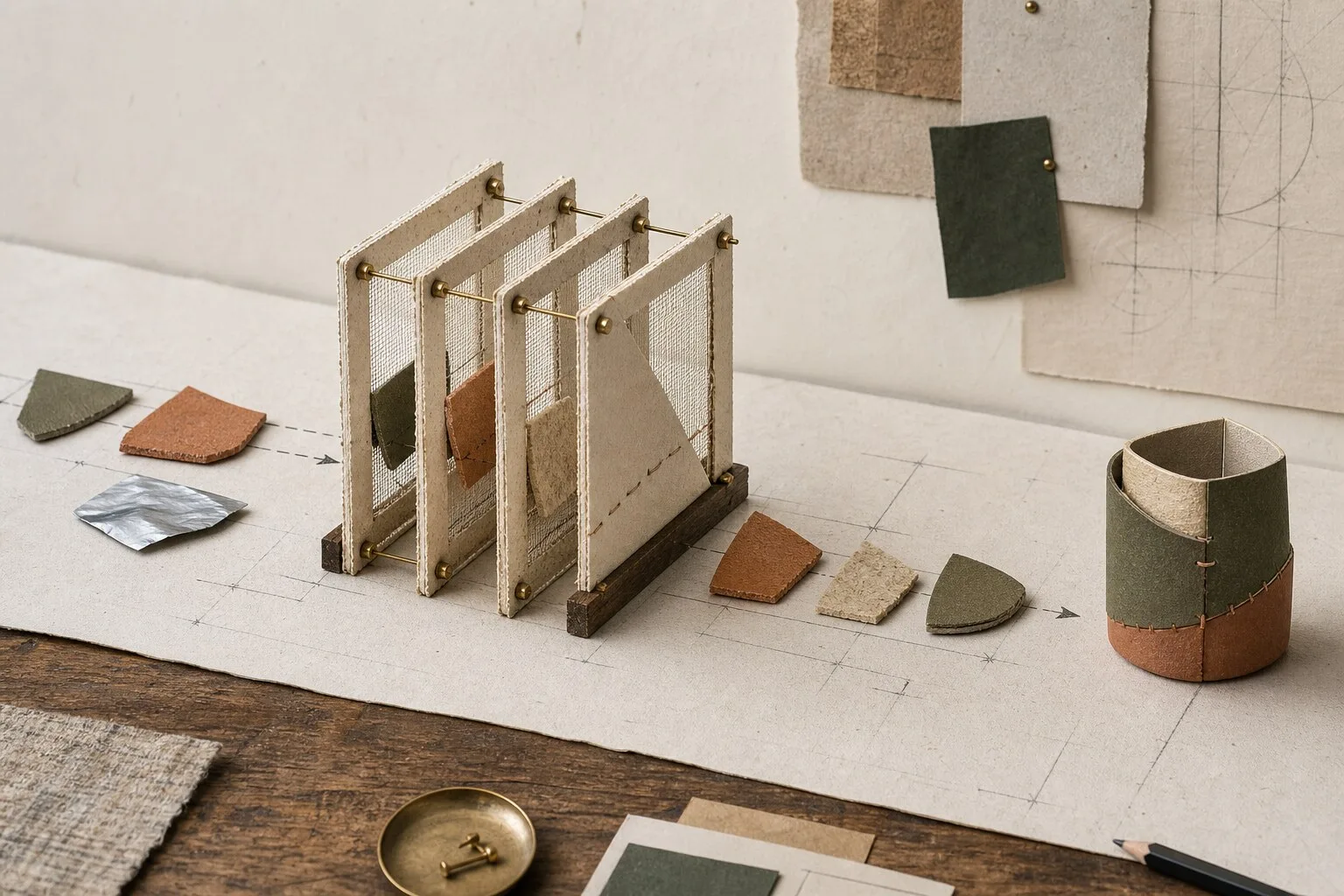 Paper and brass filter frames sorting material samples into a coherent assembled form