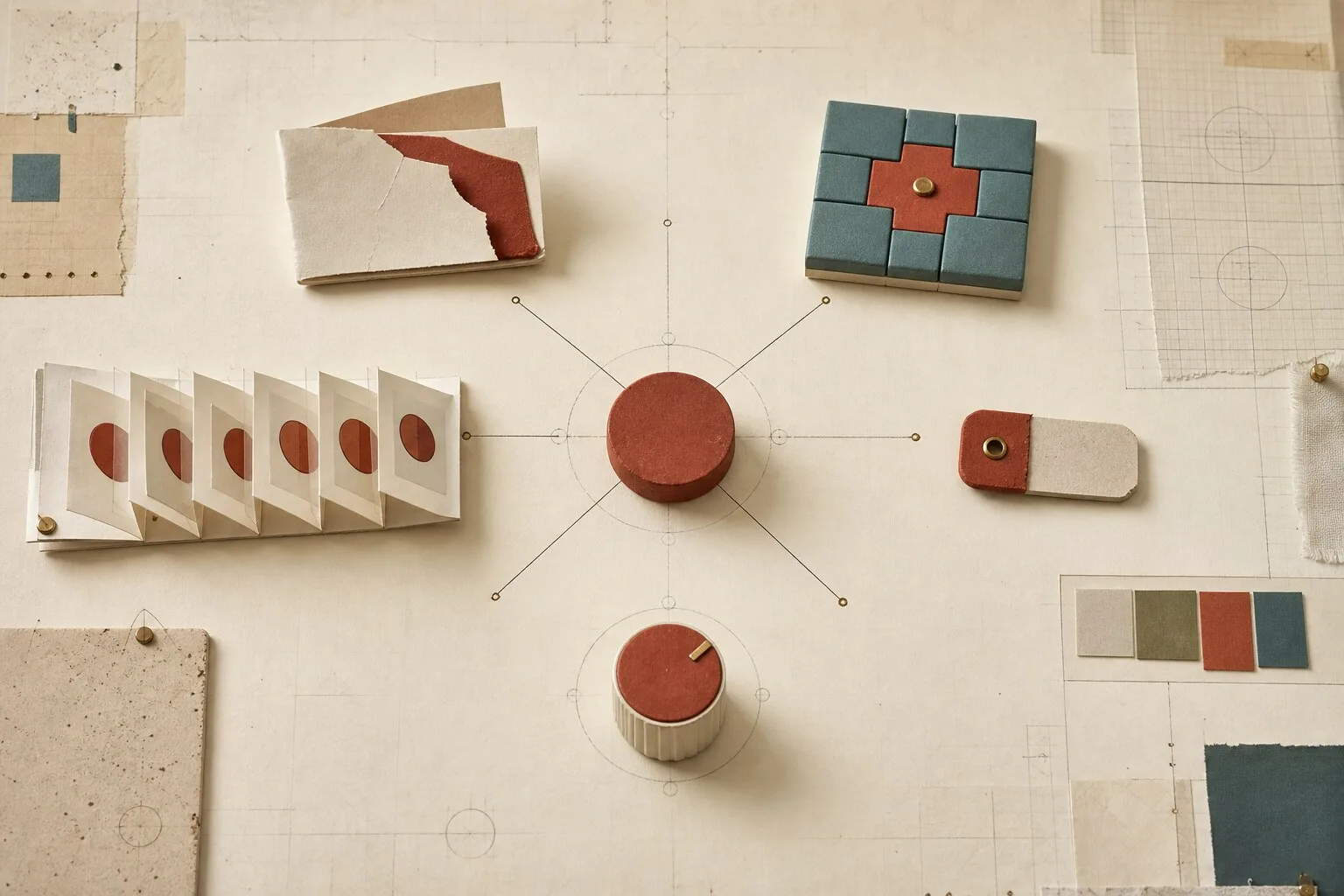 A central clay-red token connected to five paper artefacts representing different product surfaces