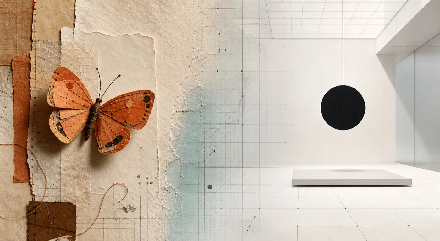 A warm, tactile paper butterfly transitioning into a precise white architectural stage