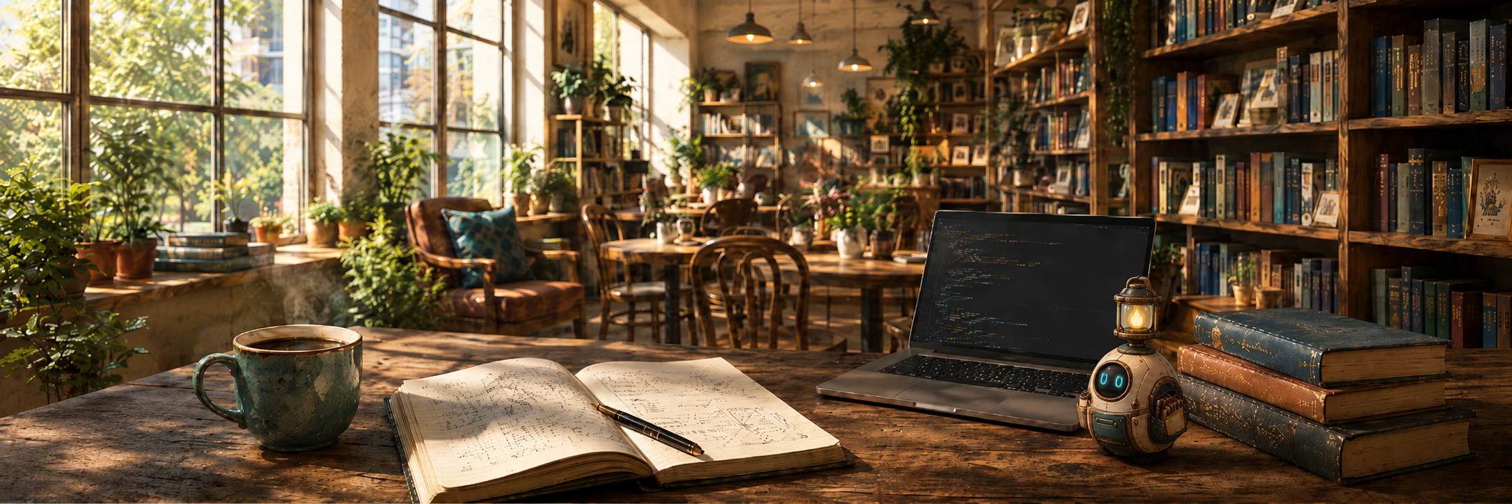 Warm bookshop-cafe workspace with Aro among books, plants, coffee, notebook, and laptop